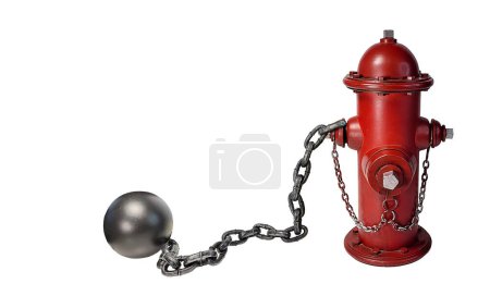 Boule et chaîne en métal noir et bouche d'incendie montrant que la sécurité n'est pas seulement une boule et une chaîne