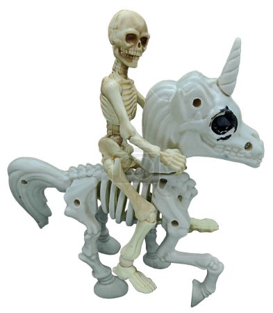 Skeleton riding a white skeleton unicorn