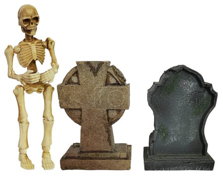 Skeleton standing next to a set of gravestones