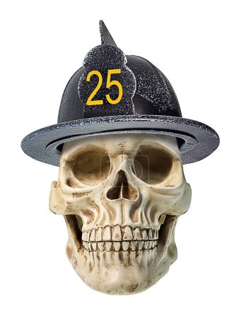 A white bleached Human skull wearing a fireman helmet
