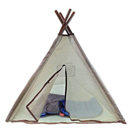 Teepee Camping Tent and sleeping bag used for camping out in the wilderness