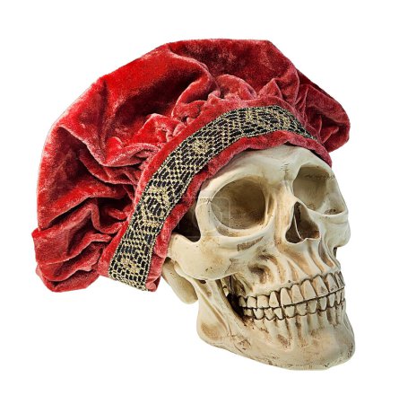 A skull wearing a red medieval hat
