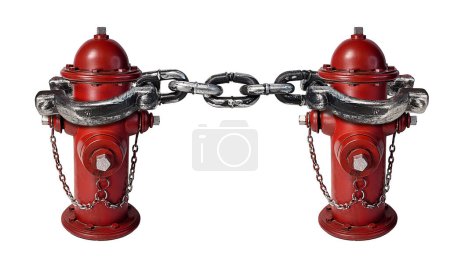Red fire hydrants used by firemen shackled together