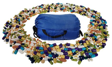 Blauer zusammengerollter Schlafsack zum Schlafen im Freien und Tabletten als Zeichen der Obdachlosigkeit für einige Drogenabhängige