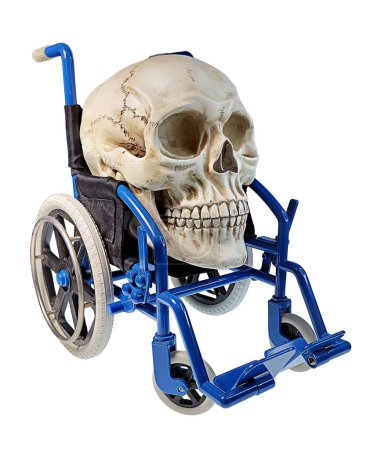 Calavera humana en una silla de ruedas azul