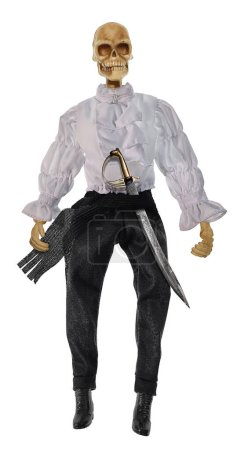 An old skeleton wearing a pirate outfit with ruffled shirt, cummerbund, and boots and a shiny dagger