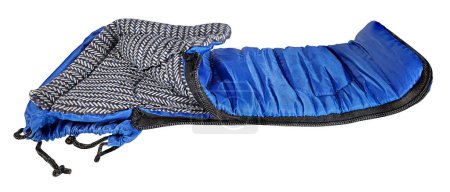 A blue sleeping bag for sleeping outdoors