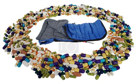 Blue sleeping bag for sleeping outdoors with pills showing homeless addicts