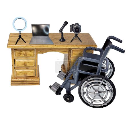 Photo for Video podcast setup with light camera microphone and laptop and wheelchair - Royalty Free Image