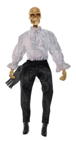 An old skeleton wearing a pirate outfit with ruffled shirt, cummerbund, and boots