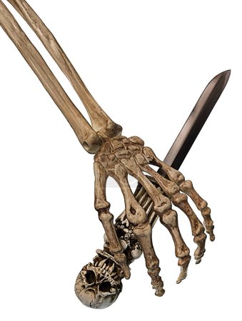 A skeleton grabbing a skull dagger decorated with many skulls