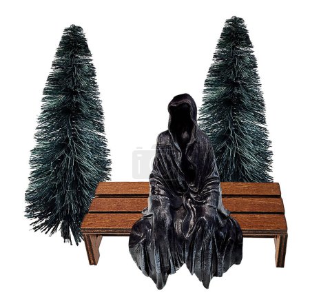 Die Verkörperung des Todes als Figur, die mit Bäumen in Gedanken auf einer Bank sitzt