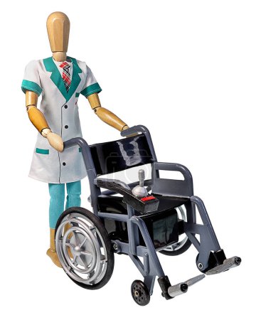 Medical doctor pushing a wheelchair to a patient