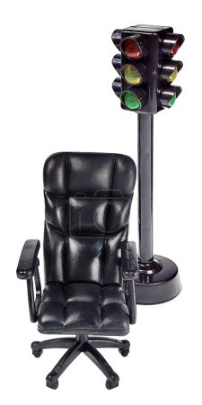 Executive office chair with arm rests front view for sitting with a traffic light to show problems with business decisions