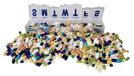 Assortment of medical pills and daily pill container