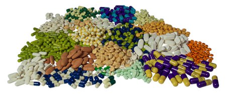 Assortment of medical pills divided into sections