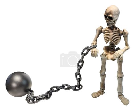 Ein stehendes Skelett, das seine Hände mit Ball und Kette ausstreckt