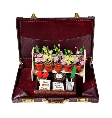 A gardening bench with potted flowers, seeds and gardening tools in a briefcase