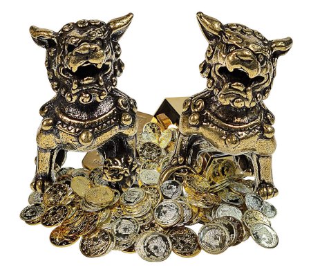 Front view of a female and male foo dog side by side on a pile of gold to show international banking and investments