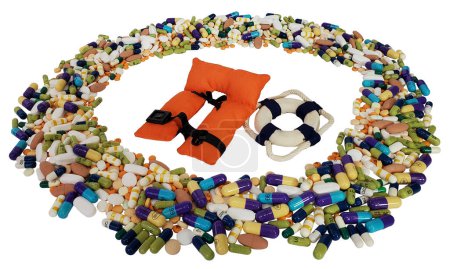 Life Preserver and Life Jacket surrounded by pills for drug addiction support