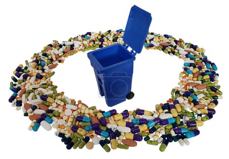 A large blue recycle bin for recycling items such as medication