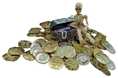 Skeleton sitting amongst his treasure