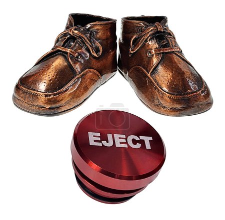 Bronzed baby shoes to memorialize childhood and an eject button to show getting ready for birth