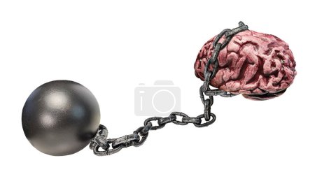 Cerebros con bola de metal negro y cadena para mostrar estar atado con problemas mentales