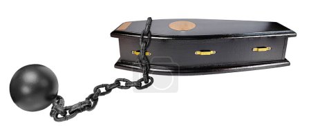 Side View of a Black Wooden Coffin Used to Bury People Who Have Passed with ball and chain to show survival issues after death
