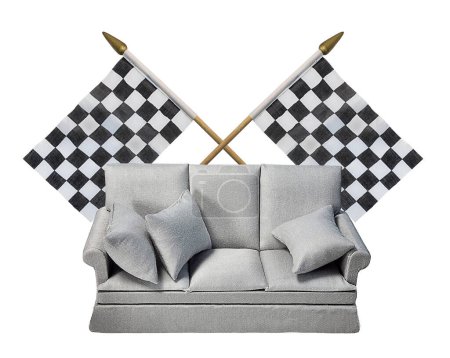 Watching the races on a plain off white couch with checkered flags