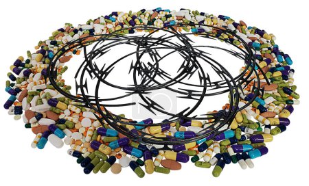 A coil of razor wire and pills to show how hard it is to quit an addiction