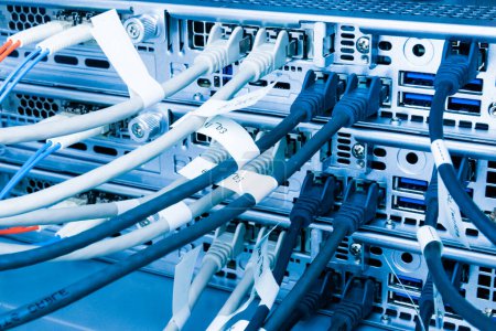 cables de fibra óptica conectados a puertos ópticos, cables de red conectados a puertos Ethernet