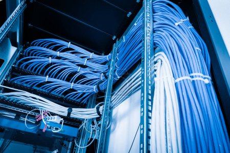 manojo de cables de red de conexión ordenados en el gabinete de rack, que conduce desde el panel de conexión en el rack del servidor en la sala del centro de datos