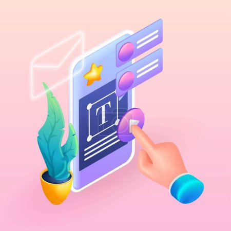 Trending 3D Isometric. Colorful cartoon illustration. Mobile app for reading books and editing text files. Vector icons for website.