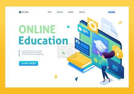 Illustration for Young people are engaged in online training using a tablet. 3D isometric. Landing page concepts and web design. - Royalty Free Image