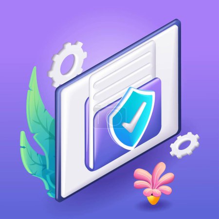 3D Isometric illustration, Cartoon. Secure confidential files folder with paper documents access and private lock. Vector icons for website.