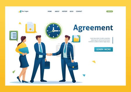 Illustration for Businessmen of large companies sign an agreement and conclude a contract. Flat 2D landing page. - Royalty Free Image