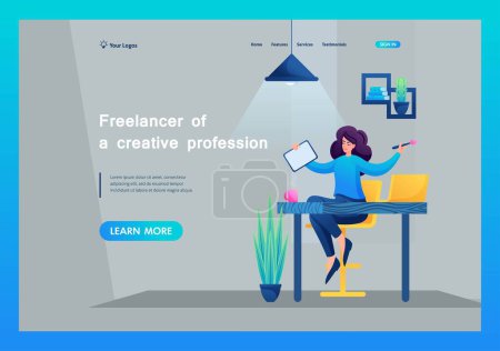 Young Girl is Sitting on a Chair at the Table. Designer Draws on a Tablet. Creative Freelancer. Concept of the Landing Page.