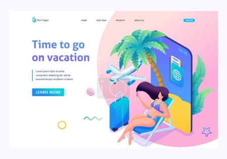 Modern isometry. 3D illustration of a young woman on vacation, booking hotels and buying air tickets online through a mobile app. Landing Page Concept.