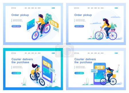 Set of landing pages about delivery. Isometric 3D and 2D illustrations. Young girls work as couriers, delivering food and groceries.