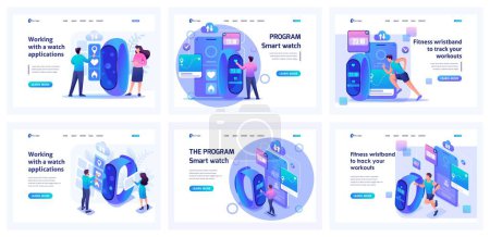 Set of landing pages about a healthy lifestyle. Isometric 3D and 2D illustrations. Group of people are testing a fitness bracelet. Speed, strength, pulse.