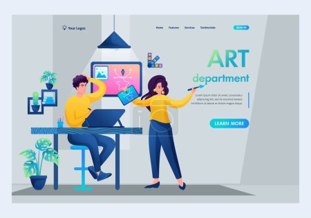 Young art team creates a design, brainstorming. Art department. Coworking, Remote Work. The concept of the landing page.