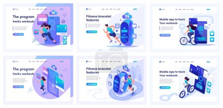 Set of landing pages about a healthy lifestyle. Isometric 3D and 2D illustrations. Group of people are testing a fitness bracelet and a mobile application. Speed, Strength, Pulse, Distance.