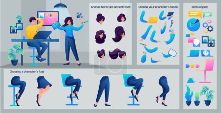 Stylized Character, Girl from the creative team. Set for Animation. Use Separate Body Parts to Create An Animated Character. Set of Emotions, Hairstyles, Hands and Feet.
