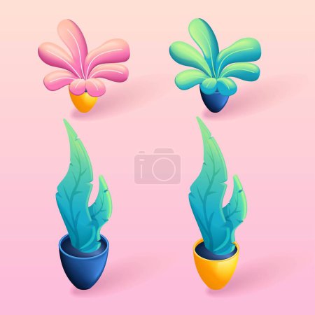 Set of Trending Isometric cartoon colors 3D icons. Indoor plants in flower pots for stylizing illustrations. 3D web vector illustrations.