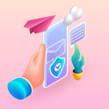 Trending 3D Isometric. Colorful cartoon illustration. Reliable data protection, mobile mail application. Vector icons for website.