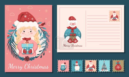 Illustration for Christmas card design. On the front side there is a Girl in a Christmas hat, on the back there is a Snowman and lines for writing. Holiday stamps. Illustration for vector editing. - Royalty Free Image