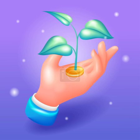 Trending 3D Isometric, cartoon icon. Business hand holds a sprout on a gold coin. Investment. The concept of enrichment. Vector illustration for website.