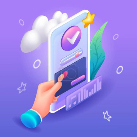 Trending 3D Isometric, cartoon icon. Payment by bank card via a mobile application. Monthly music subscription. Vector illustration for website.