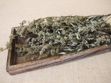 Dried mugwort on a small wooden tray